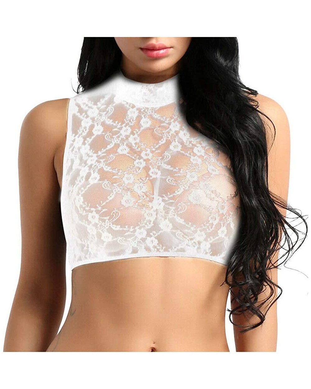 Women's Sheer Mesh See -Through Sleeveless/Short Sleeve/Long Sleeve Crop Tops Casual Lace T Shirt Lingerie - White(sleeveless...