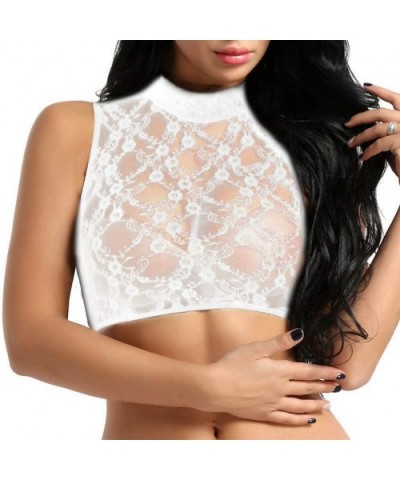 Women's Sheer Mesh See -Through Sleeveless/Short Sleeve/Long Sleeve Crop Tops Casual Lace T Shirt Lingerie - White(sleeveless...