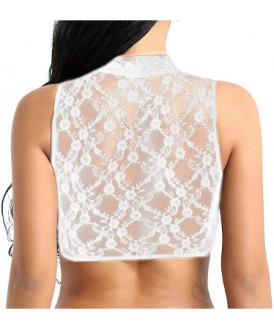 Women's Sheer Mesh See -Through Sleeveless/Short Sleeve/Long Sleeve Crop Tops Casual Lace T Shirt Lingerie - White(sleeveless...