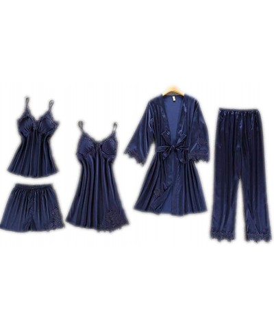 Satin Pajamas for Women 5 Pieces Sleepwear Lace Pajamas Set Satin Pijama Mujer - Blue - CB18SL22SI5 $80.24 Sets