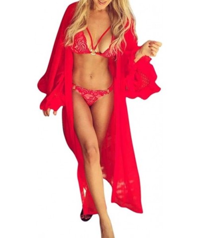 Fashion Women Sexy Sheer Mesh Flared Sleeve Cover Sunscreen Long Bathrobe - Red - CR18E9SWZ4W $13.34 Robes