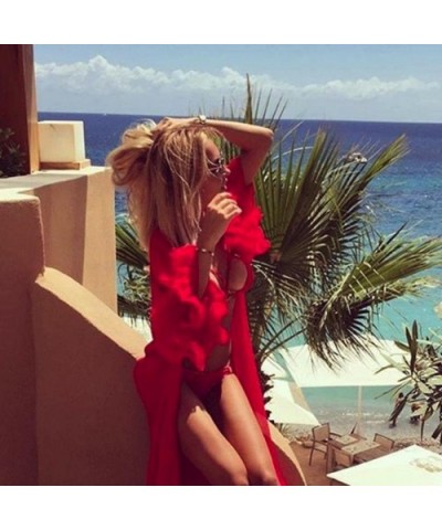 Fashion Women Sexy Sheer Mesh Flared Sleeve Cover Sunscreen Long Bathrobe - Red - CR18E9SWZ4W $13.34 Robes