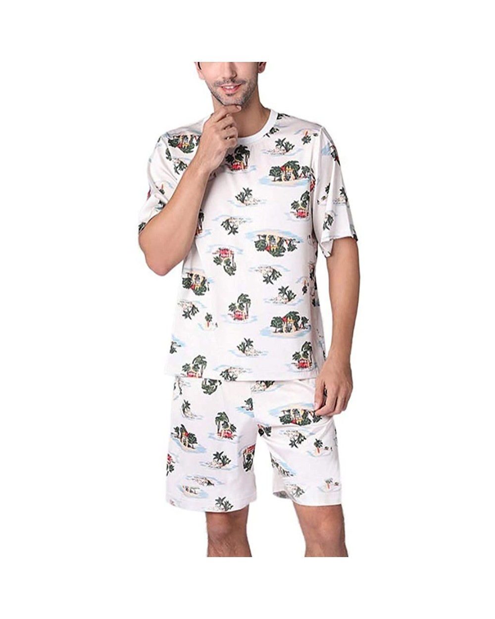 Men's Printed Crewneck Sleepwear Pajamas Shorts Set Loungewear - CR198QY0WEW $45.66 Sleep Sets