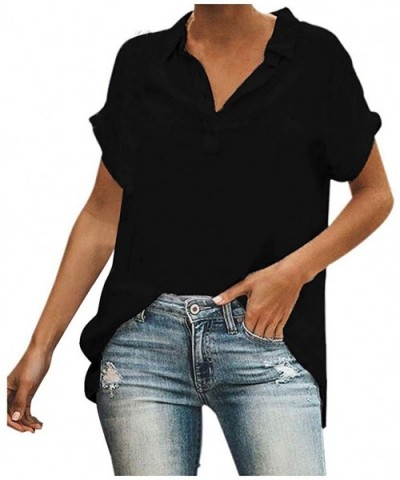 Womens Summer Loose Solid Color Short Sleeve V-Neck Button Shirt Casual Tops - Black - CU199IGIWSW $29.97 Thermal Underwear