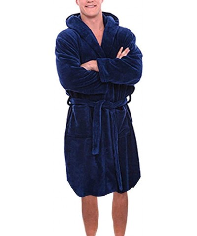 Men's Hooded Fleece Plush Soft Shu Velveteen Robe Full Length Long Bathrobe - Dark Blue - CQ193M3Z34Z $36.06 Thermal Underwear