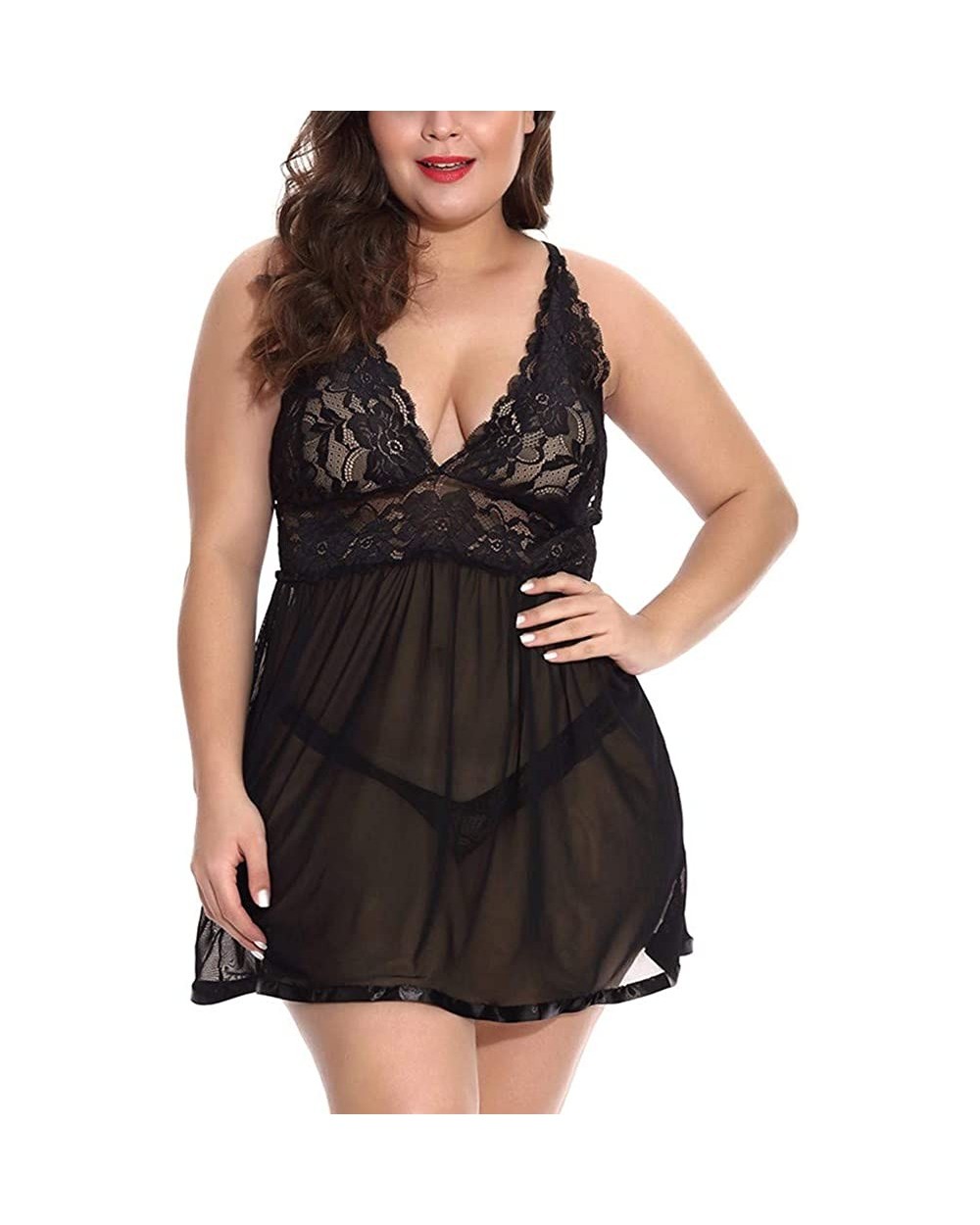 Women V Neck Lace Nightdress Plus Size Chemise Babydoll Bodysuit Sleepdress Lingerie - Blue - CC1973DITLW $22.05 Accessories