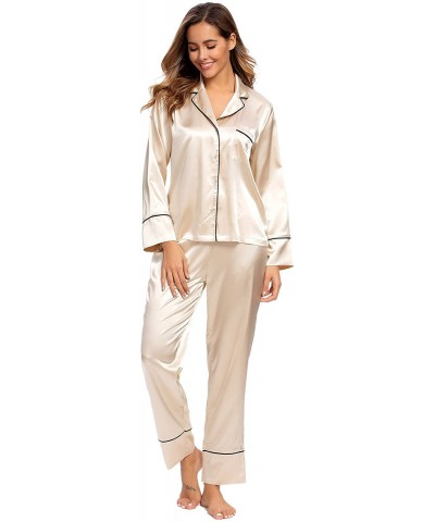 Women's Silky Satin Pajamas Set Sleepwear Loungewear Long Sleeves and Button Down - Champagne - CT192AMMNA9 $40.78 Sets