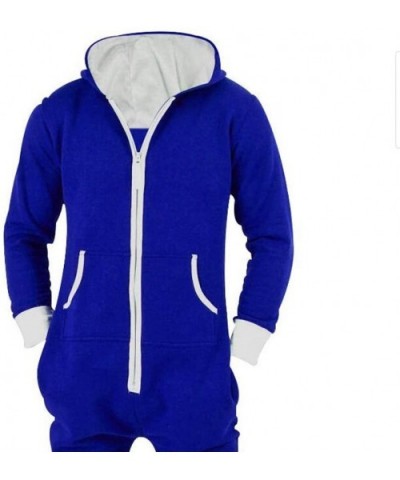 Men's One Piece Cosplay Siamese Pajamas Onesies Home Clothes Solid Color Conjoined Pajamas Men's Home Comfort Jumpsuit-Blue-M...