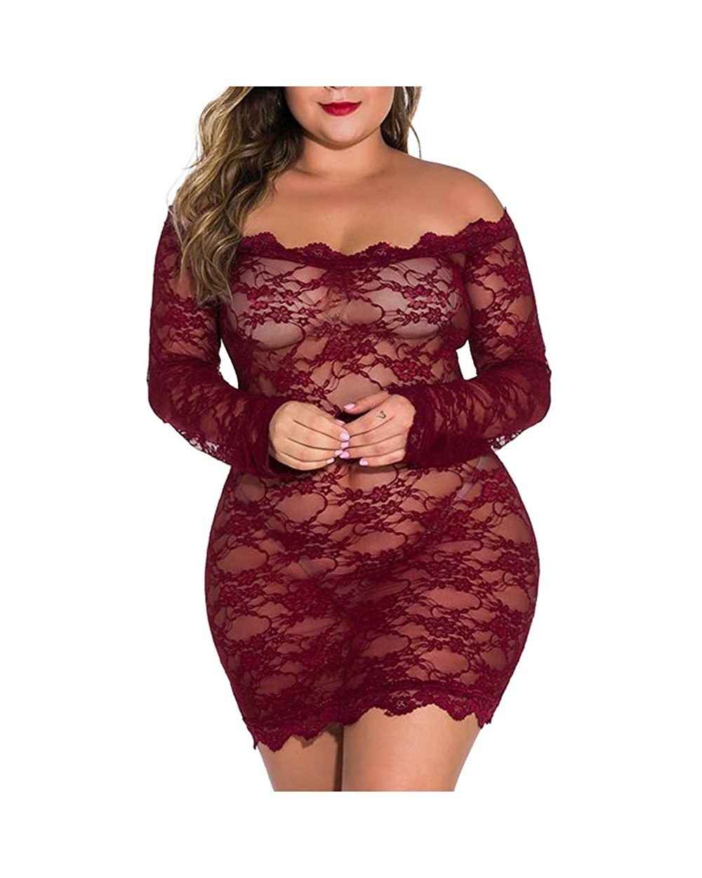 Plus Size Lingerie for Women Chemise Nightgown Sexy Off The Shoulder Sleepwear Sheer Mesh Pajamas - Wine - CF194W4SRXA $20.92...