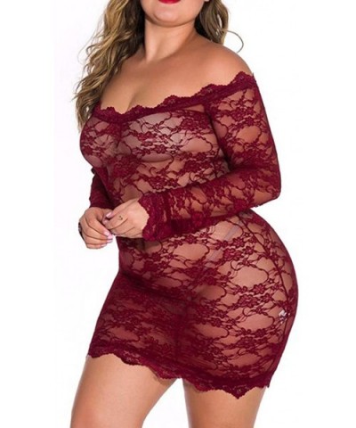 Plus Size Lingerie for Women Chemise Nightgown Sexy Off The Shoulder Sleepwear Sheer Mesh Pajamas - Wine - CF194W4SRXA $20.92...