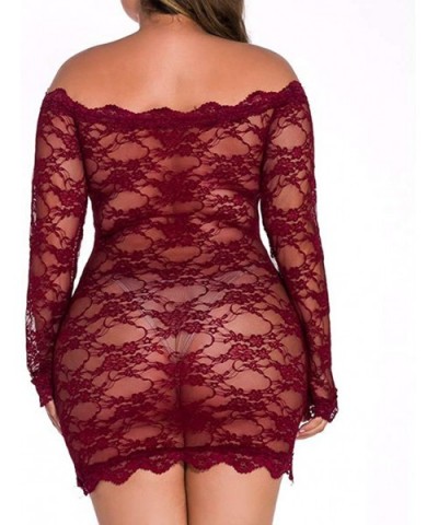 Plus Size Lingerie for Women Chemise Nightgown Sexy Off The Shoulder Sleepwear Sheer Mesh Pajamas - Wine - CF194W4SRXA $20.92...