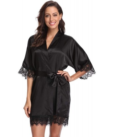 Women's Short Robe Lace Trim Satin Kimono Robe Soft Silk Bathrobe Loungewear - Black - CW12FYZR2VR $25.25 Robes