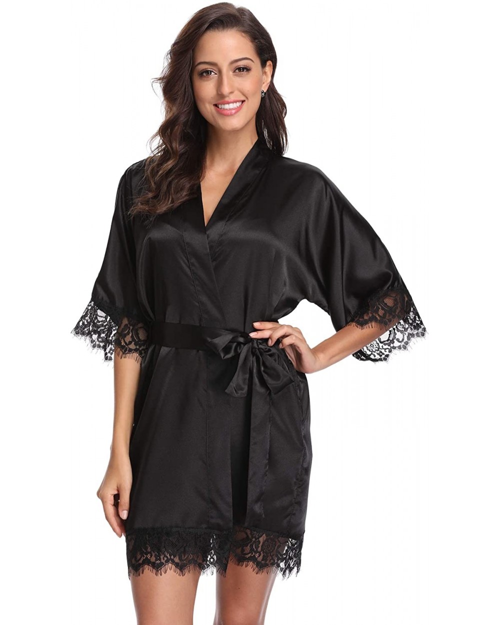 Women's Short Robe Lace Trim Satin Kimono Robe Soft Silk Bathrobe Loungewear - Black - CW12FYZR2VR $25.25 Robes