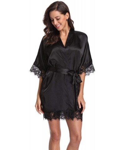 Women's Short Robe Lace Trim Satin Kimono Robe Soft Silk Bathrobe Loungewear - Black - CW12FYZR2VR $25.25 Robes