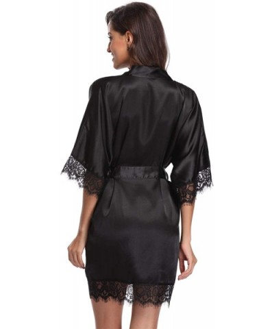 Women's Short Robe Lace Trim Satin Kimono Robe Soft Silk Bathrobe Loungewear - Black - CW12FYZR2VR $25.25 Robes