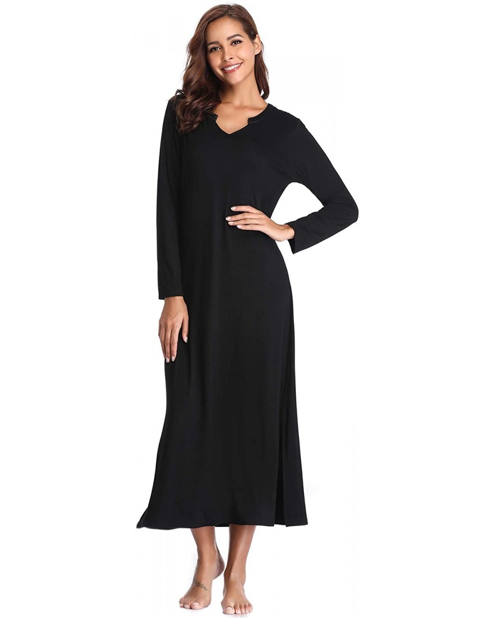 Nightgowns for Women Long Sleeve Sleepshirt Soft Knit Full Length Sleepwear - B-black - CY18UAIZ6H5 $34.30 Nightgowns & Sleep...