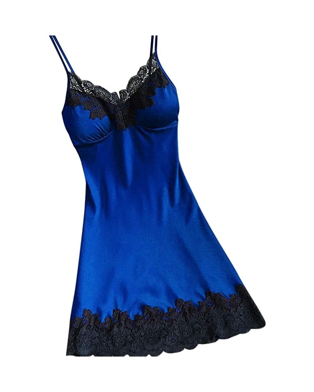 Sexy V Neck Nightdress Women's Satin Lace Full Slip Chemise Silk Nightgown Sleepwear - Blue B - CL18QQSOYA9 $13.79 Baby Dolls...