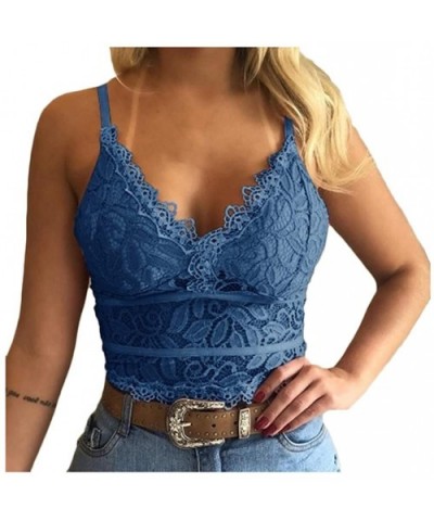 Floral Lace Bralettes for Women Deep V Adjustable Strap Sexy Spaghetti Strap Crop Top Everyday Bra - Blue - CH19D8Q69QH $16.7...