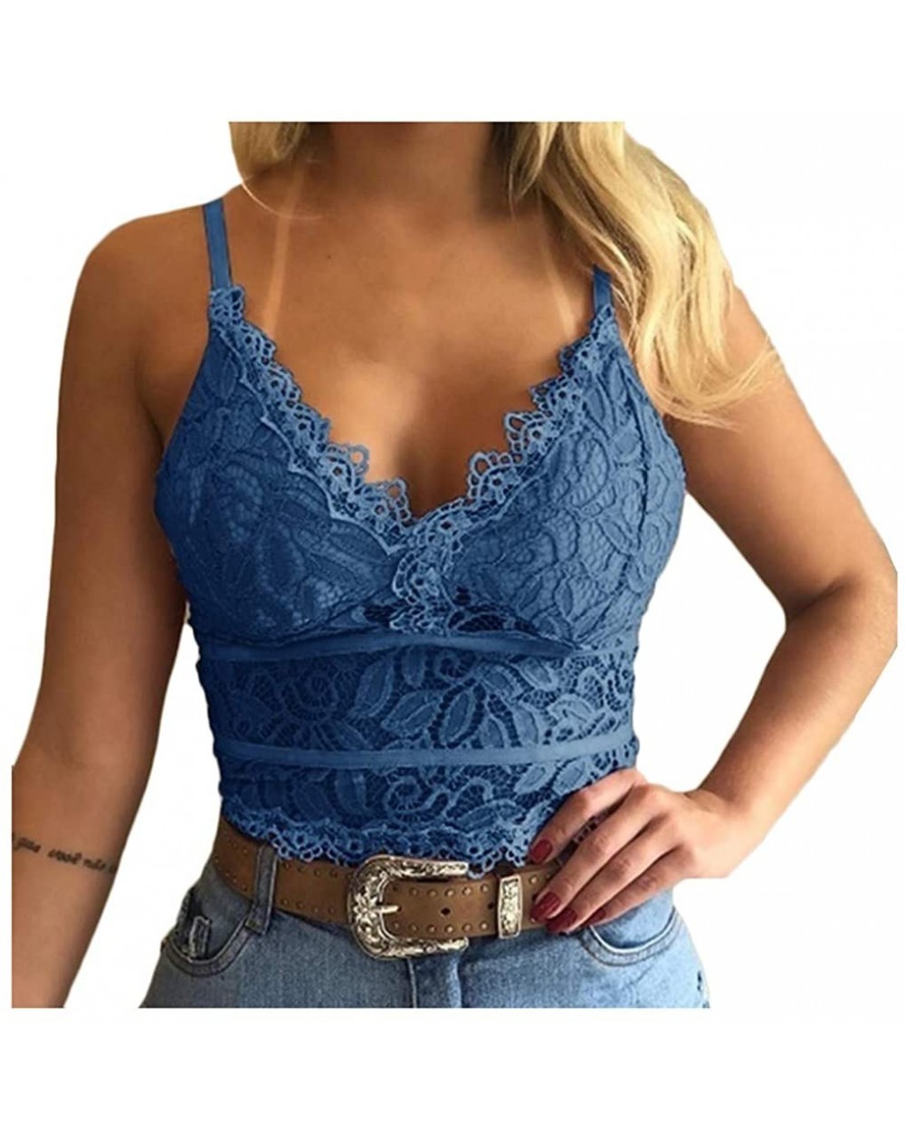 Floral Lace Bralettes for Women Deep V Adjustable Strap Sexy Spaghetti Strap Crop Top Everyday Bra - Blue - CH19D8Q69QH $16.7...