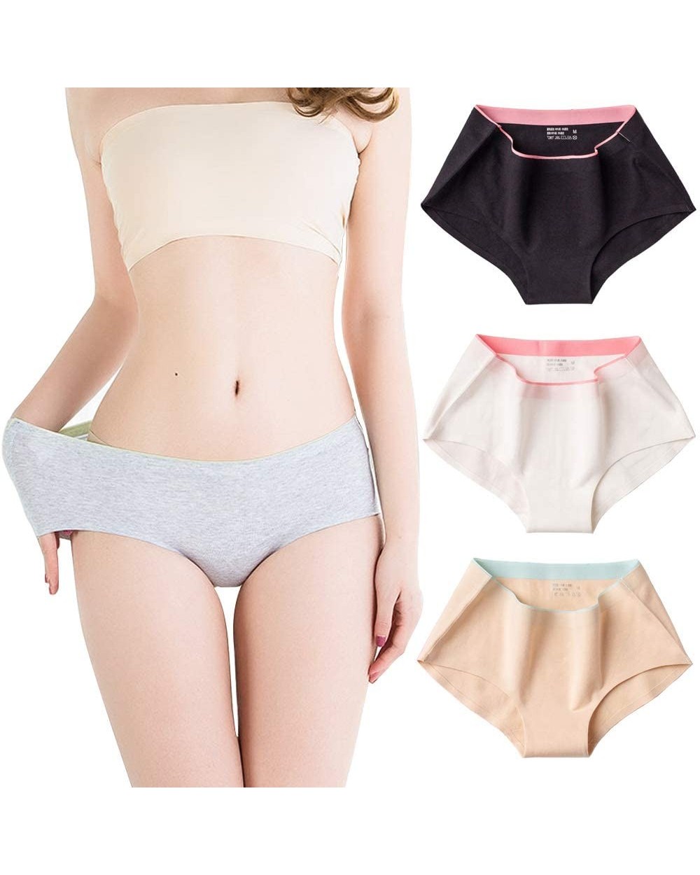 Ladies Underwear Cotton Seamless Panties for Women Mid-Rise Hipster- Women's Plus Briefs - White+black+complexion - C318S4X8K...