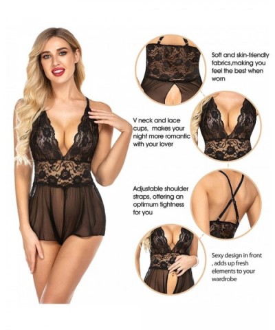 Women Teddy Lingerie Nightwear - Sexy One Piece Lace Mesh Babydoll Chemise with Low Back Design - A-black - CI18SMSQOE3 $17.9...