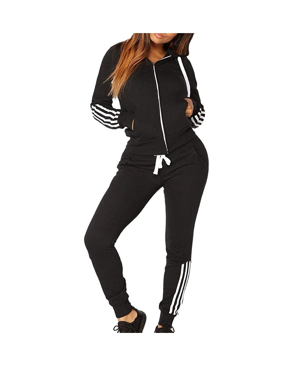 Women's Fashion Casual Stripe Zipper Long Sleeve Pullove Sport Tops+Long Pants Set - Black - CV18LWHHXOR $52.27 Thermal Under...