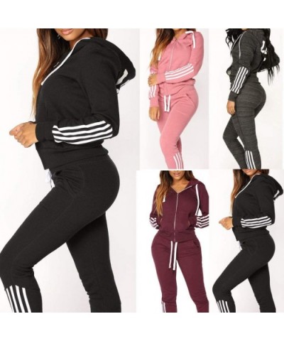 Women's Fashion Casual Stripe Zipper Long Sleeve Pullove Sport Tops+Long Pants Set - Black - CV18LWHHXOR $52.27 Thermal Under...