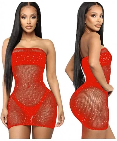 Women's Sexy Mesh See Through Lingerie See Through Chemise Fishnet Strapless Slim Mini Dresses - Red - CI197WEQNRA $17.11 Acc...