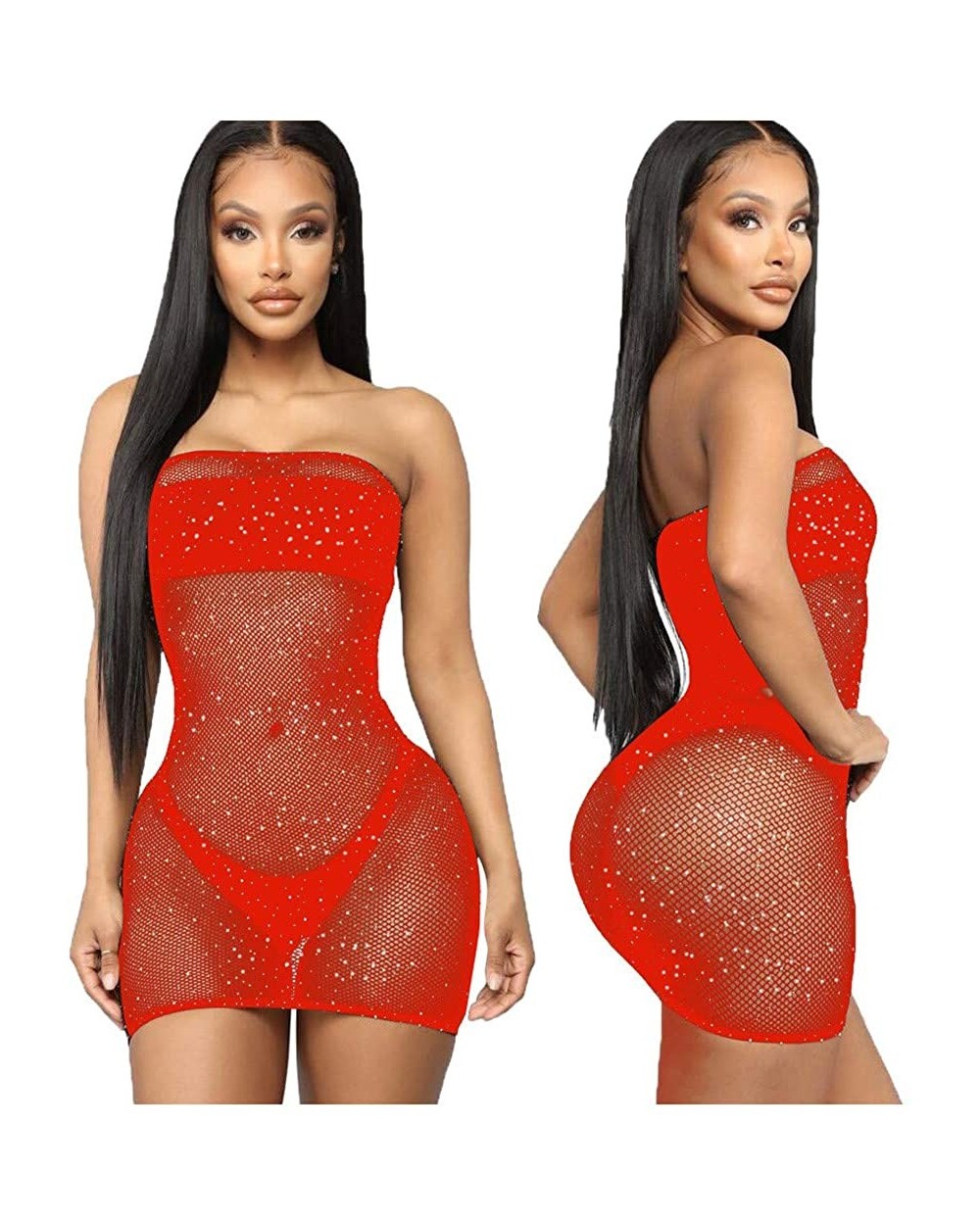 Women's Sexy Mesh See Through Lingerie See Through Chemise Fishnet Strapless Slim Mini Dresses - Red - CI197WEQNRA $17.11 Acc...