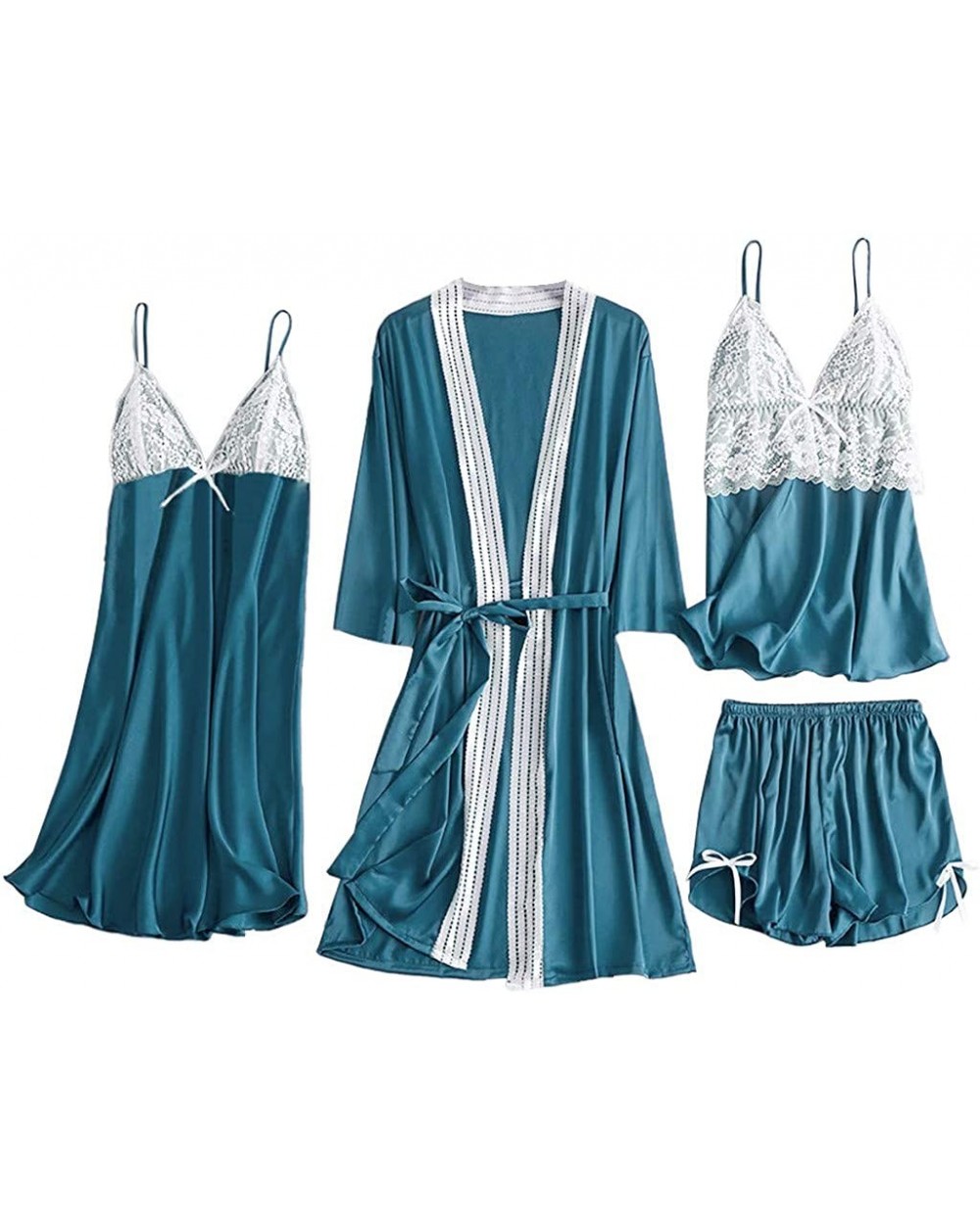 Womens Pajama Sets Elegance 4pcs Satin Lace Sleepwear Cardigan Strap Dress Shorts & Pants Home Nightdress Light Blue - CK1948...