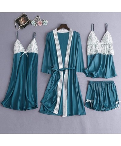 Womens Pajama Sets Elegance 4pcs Satin Lace Sleepwear Cardigan Strap Dress Shorts & Pants Home Nightdress Light Blue - CK1948...