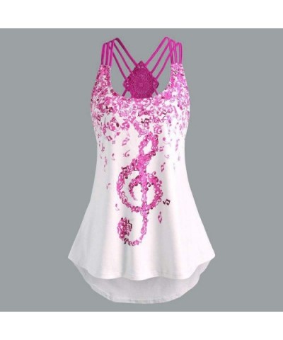 Women's Tops Vest Fashion Bandage Sleeveless Vest Note Print T-Shirt Vest - Hotpink - C718TU0GCAW $22.13 Thermal Underwear