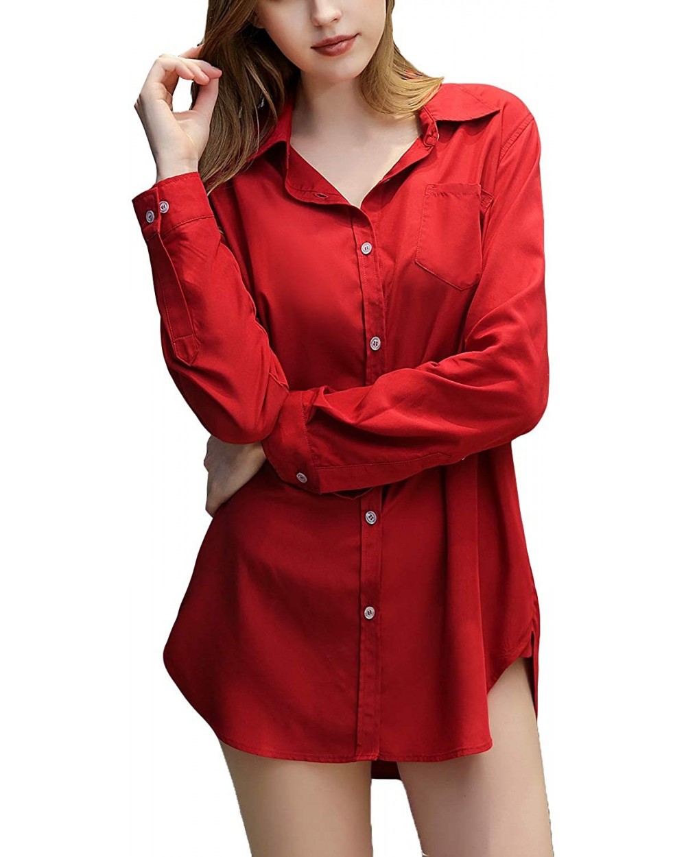 Women's Petite Short Nightgown Boyfriend Modal Long Sleeves Button Down Nightshirt - Red - C618Y94TAX0 $54.65 Nightgowns & Sl...