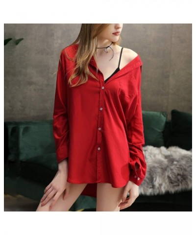 Women's Petite Short Nightgown Boyfriend Modal Long Sleeves Button Down Nightshirt - Red - C618Y94TAX0 $54.65 Nightgowns & Sl...