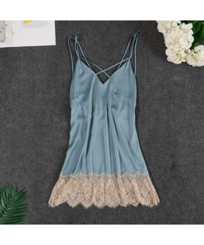 2020 Women Satin Silk Pajamas Chemise Nightgown Sexy Full Slips Sleepwear - Blue - C3199SD34MI $25.17 Robes