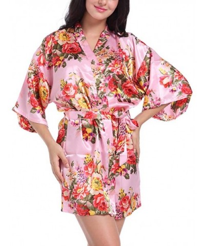 Women Floral Satin Robe Bridal Bridesmaids Dressing Gown Short Sexy Silk Kimono Robe for Wedding Party Sleepwear Pink - CR190...