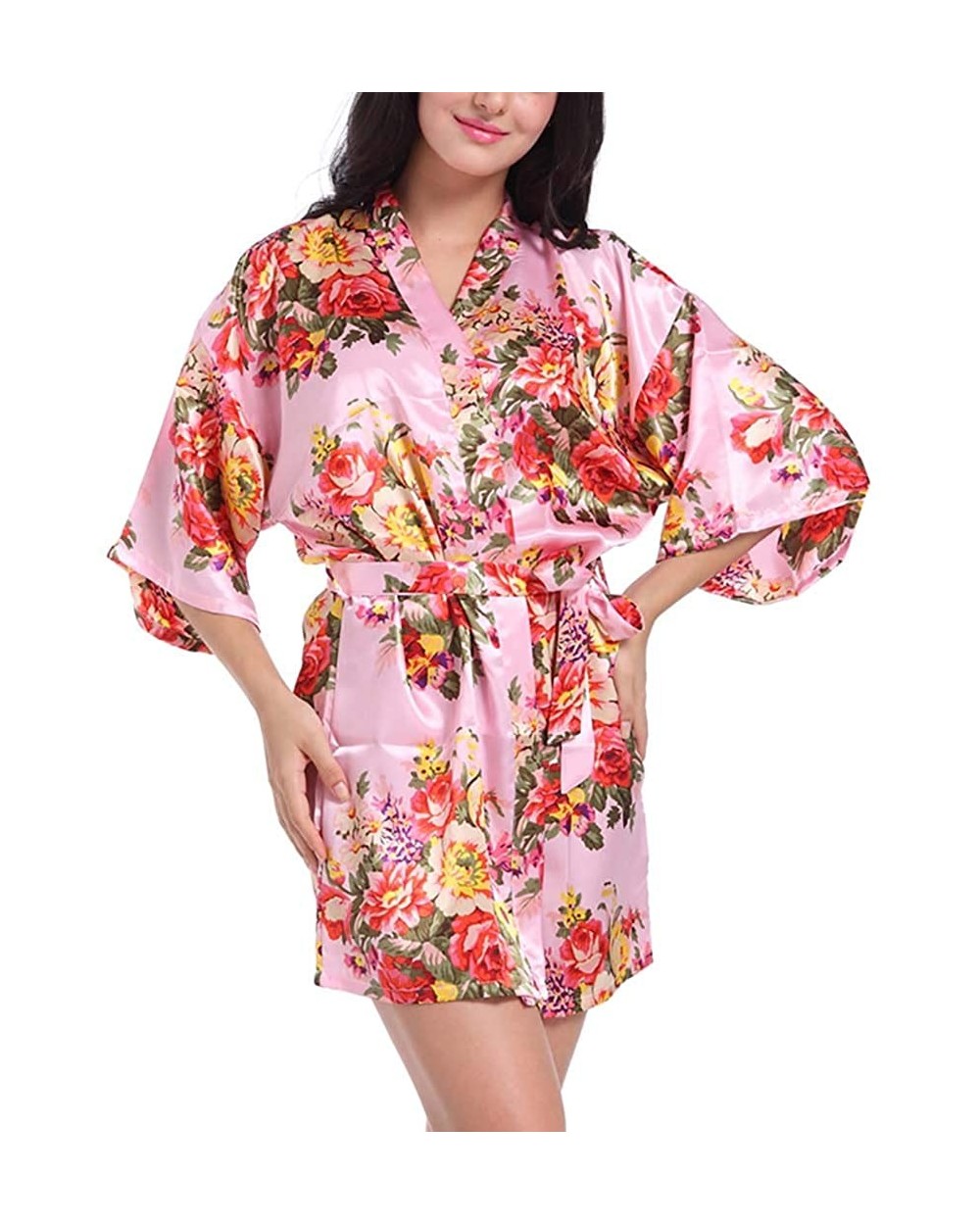 Women Floral Satin Robe Bridal Bridesmaids Dressing Gown Short Sexy Silk Kimono Robe for Wedding Party Sleepwear Pink - CR190...