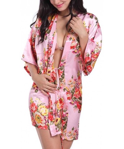 Women Floral Satin Robe Bridal Bridesmaids Dressing Gown Short Sexy Silk Kimono Robe for Wedding Party Sleepwear Pink - CR190...