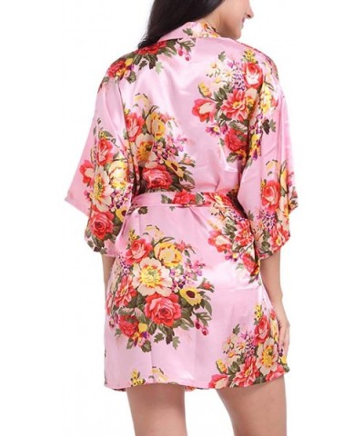 Women Floral Satin Robe Bridal Bridesmaids Dressing Gown Short Sexy Silk Kimono Robe for Wedding Party Sleepwear Pink - CR190...