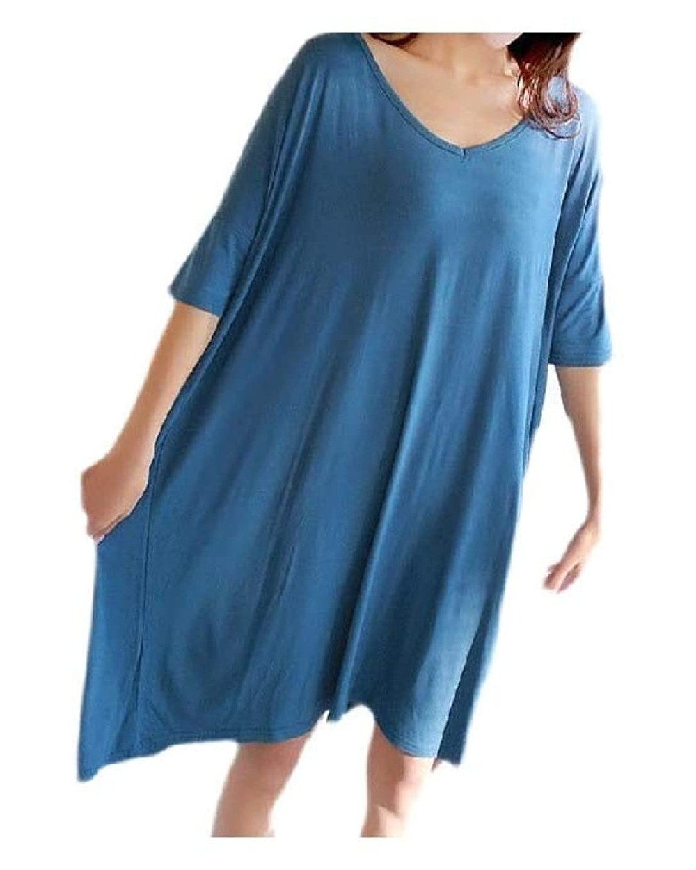 Womens Plus Size Mid-Length Cozy V Neck Solid 1/2 Sleeve Loungewear - 4 - C819C7G5UDD $36.38 Nightgowns & Sleepshirts