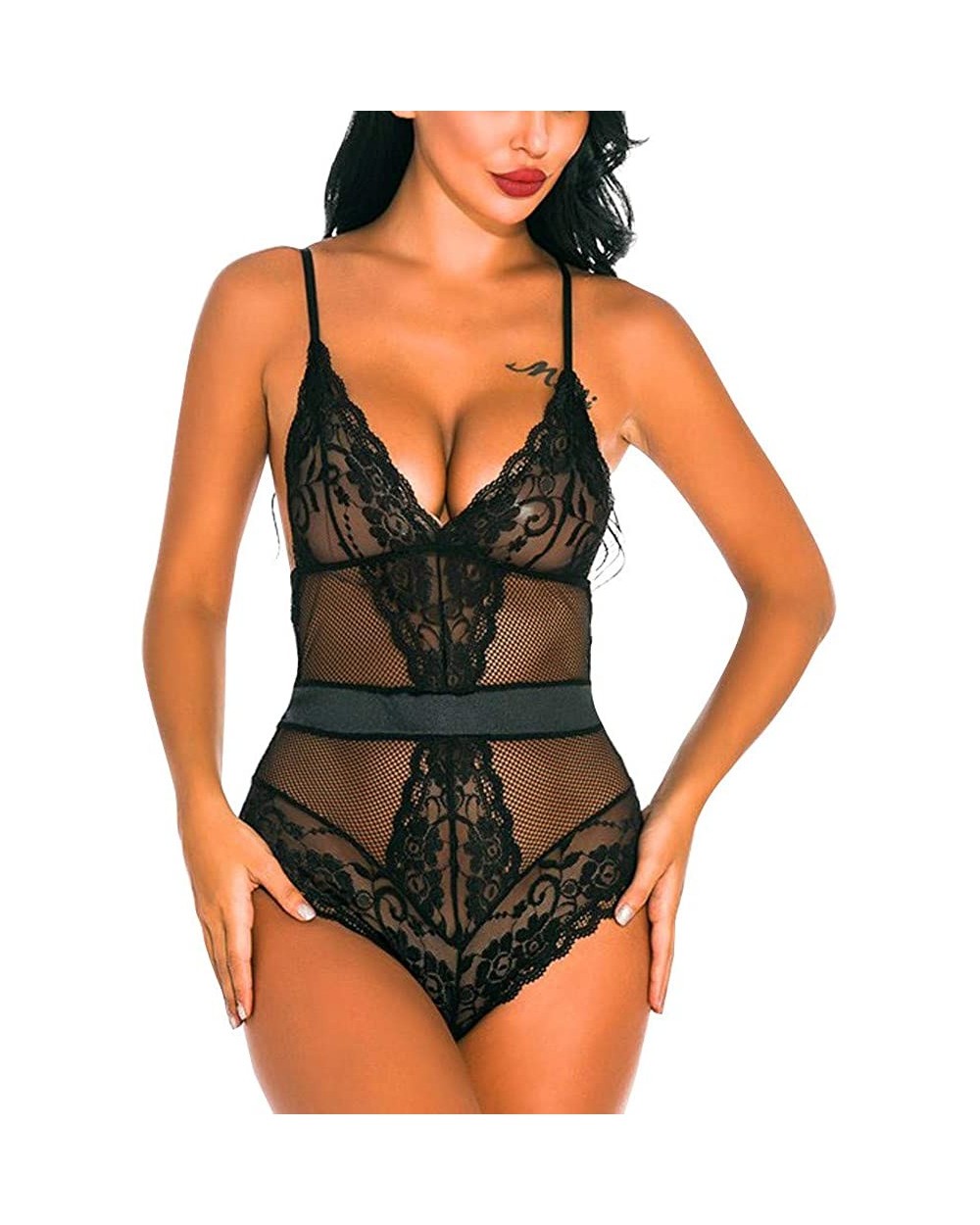 Women Sexy Teddy Lingerie Women One Piece Lingerie Deep V Fashion Lace Bodysuit Mini Babydoll - Black - C318AZMH5EY $13.34 Tops