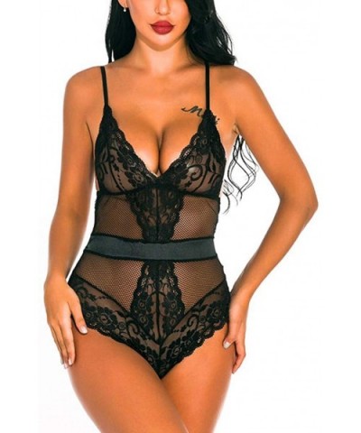 Women Sexy Teddy Lingerie Women One Piece Lingerie Deep V Fashion Lace Bodysuit Mini Babydoll - Black - C318AZMH5EY $13.34 Tops