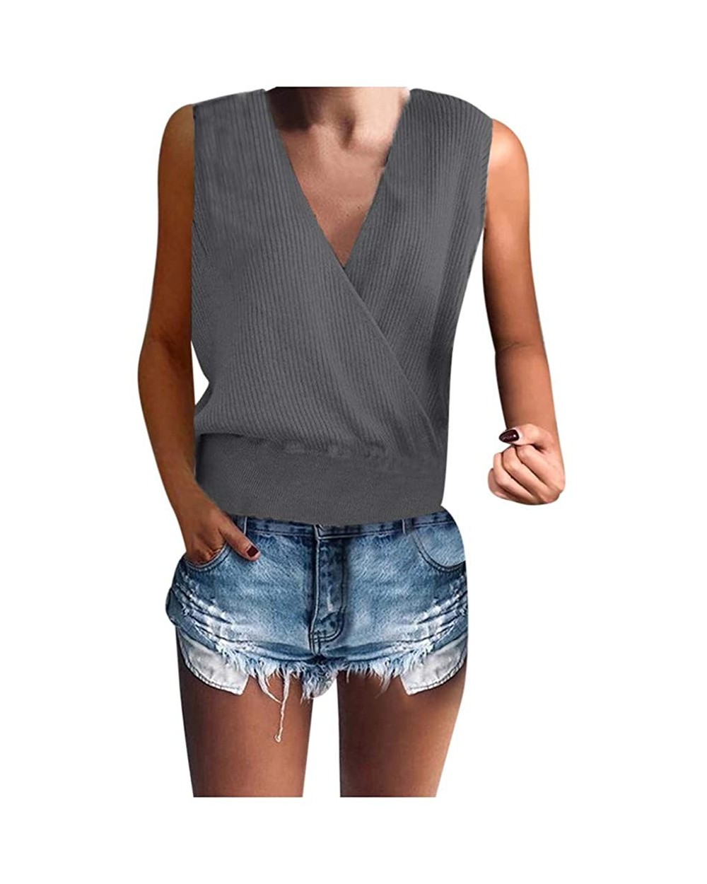 Women Summer SleevelessTank Tops Casual Fashion Sequined V-Neck Backless Vest T-Shirt - B-gray - CZ19543GK0U $24.90 Thermal U...