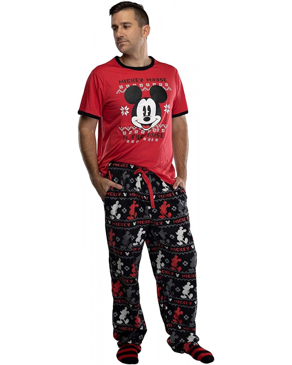 Disney Mickey Mouse Men's Fairisle Pajama Pants- Shirt and Socks 3 PC Sleep Set Gift Box - Red - CI18Z6NM85H $50.65 Sleep Sets