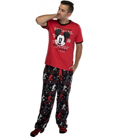 Disney Mickey Mouse Men's Fairisle Pajama Pants- Shirt and Socks 3 PC Sleep Set Gift Box - Red - CI18Z6NM85H $50.65 Sleep Sets