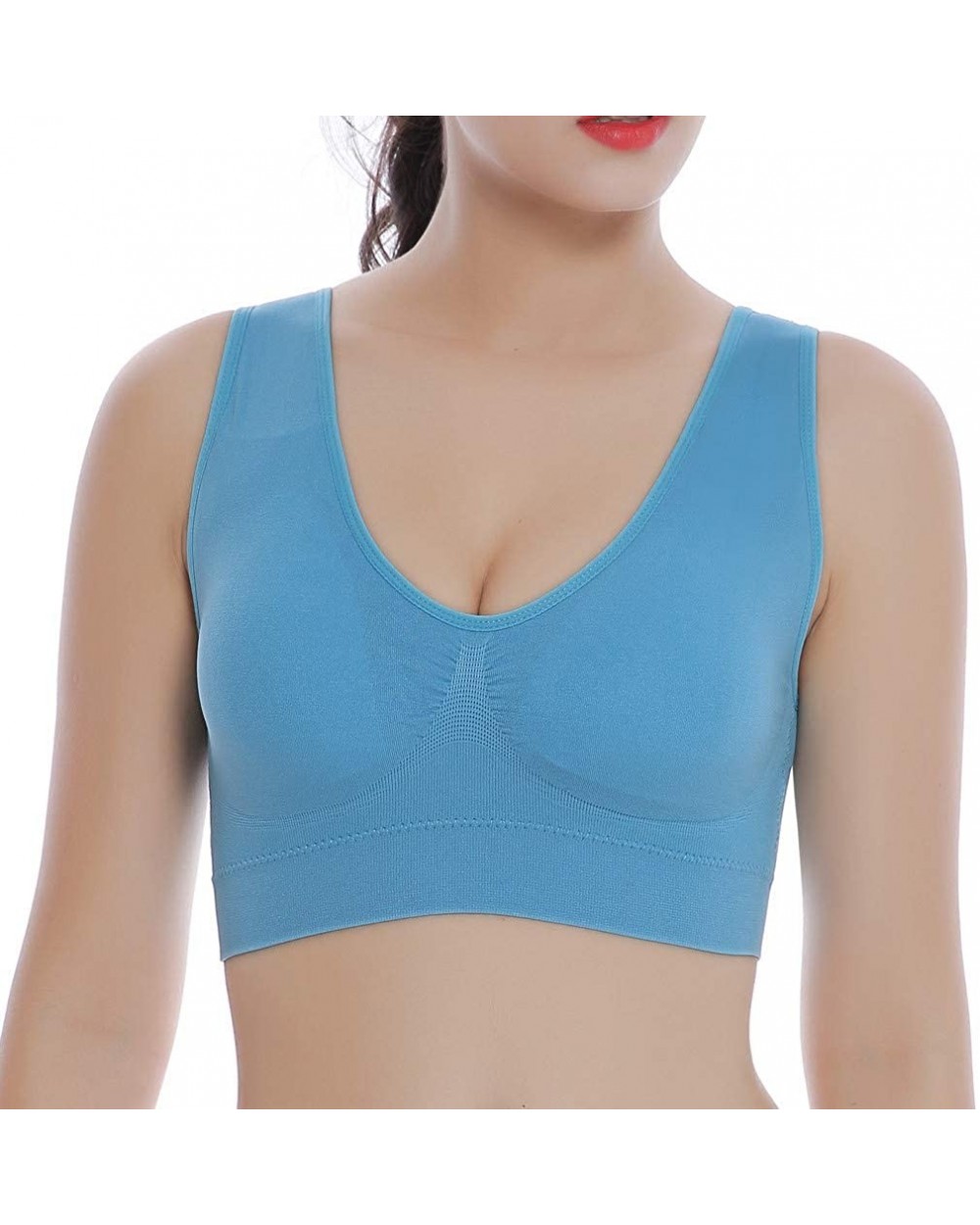 Women's Solid Color Ultra-Thin Bra Sports Full Cup Vest top Comfortable Stretch Two Pieces MEEYA - Light Blue - C418SWGLU7X $...