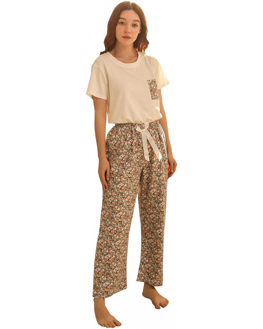 Women's Cartoon Print Short Sleeve Tee and Pants Sleepwear PJ Pajama Set - White Floral - C419DW8IHKT $37.93 Sets