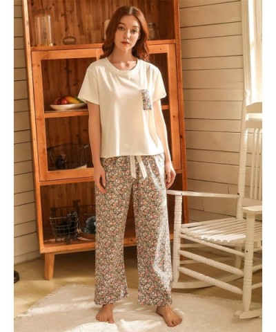 Women's Cartoon Print Short Sleeve Tee and Pants Sleepwear PJ Pajama Set - White Floral - C419DW8IHKT $37.93 Sets