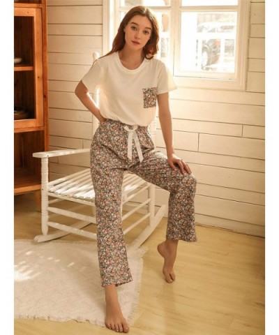 Women's Cartoon Print Short Sleeve Tee and Pants Sleepwear PJ Pajama Set - White Floral - C419DW8IHKT $37.93 Sets