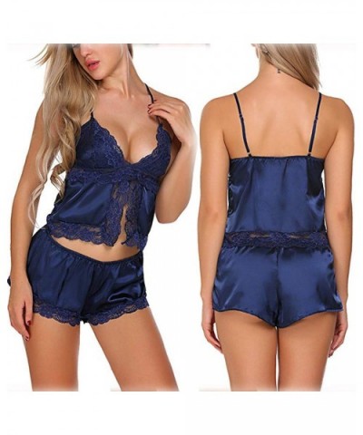 Women's Lace-Trimmed Embroidered Pajama Set Sling Camisole and Shorts - Blue - CH18SKRO0X7 $13.86 Sets